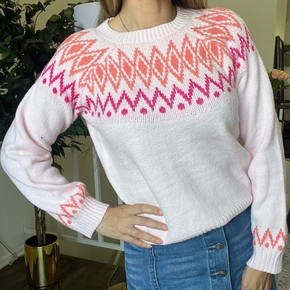 Cat & Jack Cozy Light Pink Colorful Pattern Crewneck Sweater Knit Size XL 14/16